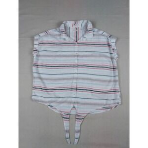 Weatherproof Vintage Womens Large Linen Tie Front Stripe Button Shirt Coastal